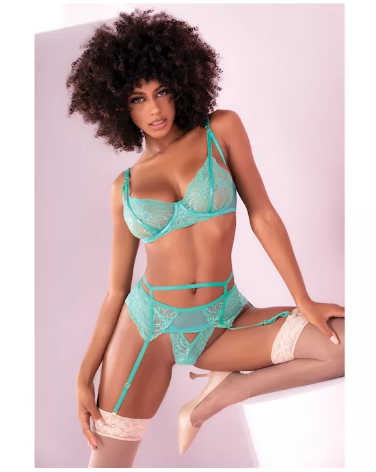 Floral Lace Bra, Garter Belt & Panty Aqua L/XL