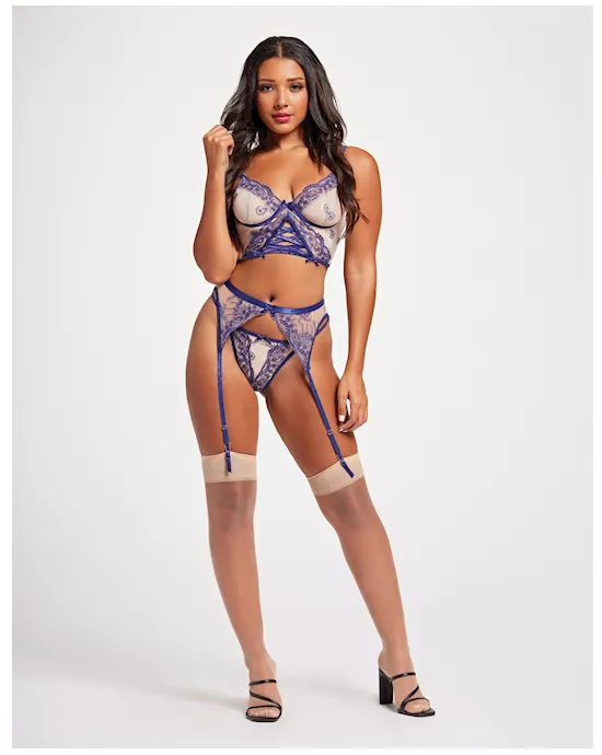 Sheer Stretch Mesh w/Floral Contrast Embroidery Bustier, Garter Belt & Thong Blue/Nude SM