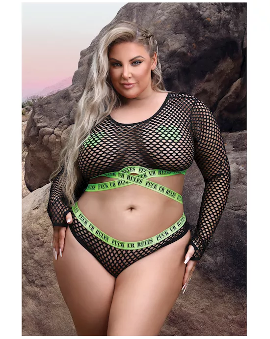 Vibes Fuck Ur Rules Long Sleeve Crop Top, Panty & Pasties Black/Green QN