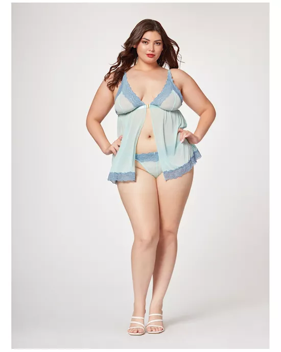 Lace & Mesh Triangle Cup Babydoll & Thong Blue 3X/4X