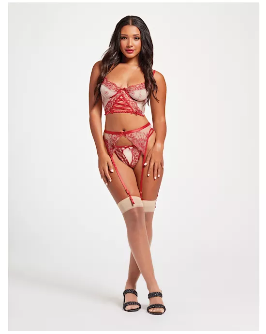 Sheer Stretch Mesh w/Floral Contrast Embroidery Bustier, Garter Belt & Thong Red/Nude SM