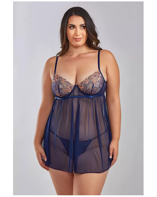 Jennie Cross Dyed Galloon Lace & Mesh Babydoll Navy 2X