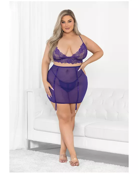 Lace & Mesh Long Line Bra, Garter Skirt & G-String Midnight Purple 2X