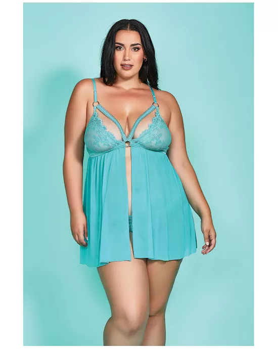 Riley Eyelash Lace Soft Cup Babydoll & Panty Teal 3X
