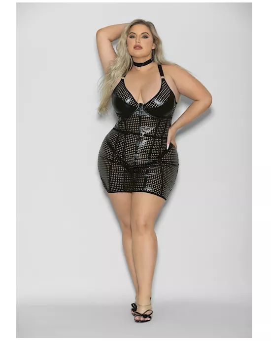 Flame Fetish Mistress Lasercut Lattice Chemise w/Choker & Thong Black 1X/2X