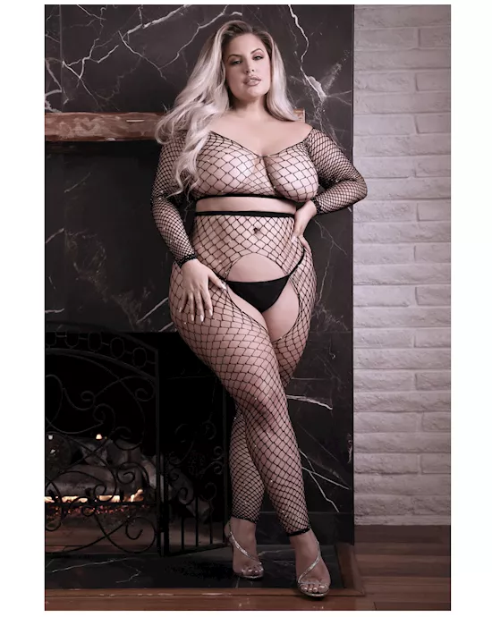 Sheer Stunner Rhinestone Fishnet Long Sleeve Top & Crotchless Tights Black QN
