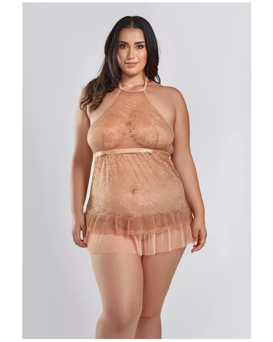 Amber Halter Lace Babydoll w/Tiered Pleated Mesh Skirt Hem & G-String Brown 2X