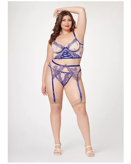 Sheer Stretch Mesh w/Floral Contrast Embroidery Bustier, Garter Belt & Thong Blue/Nude 1X/2X