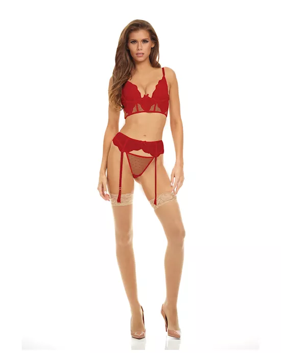Bombshell Boudoir Lace & Mesh Peek A Boo Wire Bra, Garter Belt & G-String Red SM