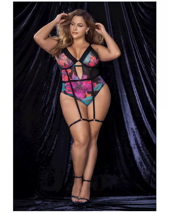Flower Print Mesh Underwire Teddy w/Detachable Garter Straps Multi Color 3X/4X