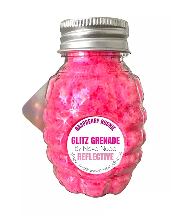 Raspberry Rushie Reflective Neon Pink UV Cosmetic Glitter Glitz Grenade Keychain in Aloe Gel