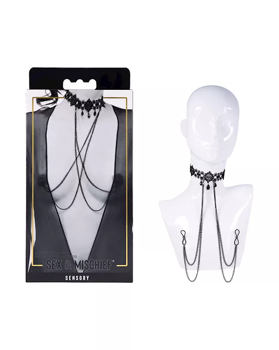 S&m Lace Collar With Nipple Ties