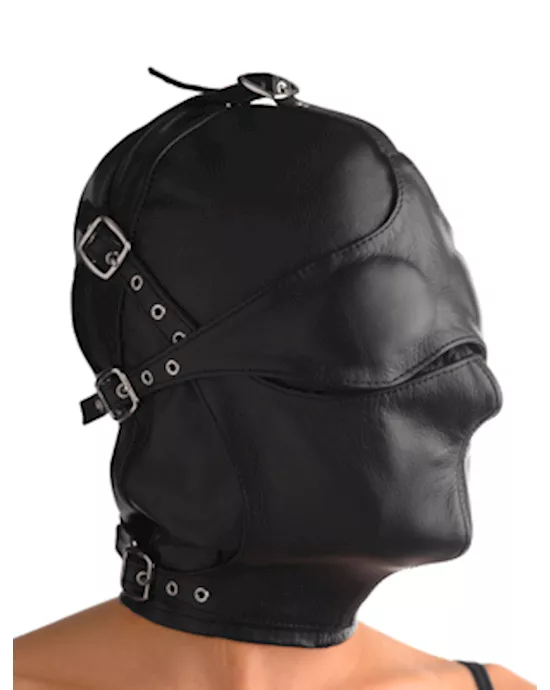 Asylum Leather Hood with Removable Blindfold and Muzzle- ML
